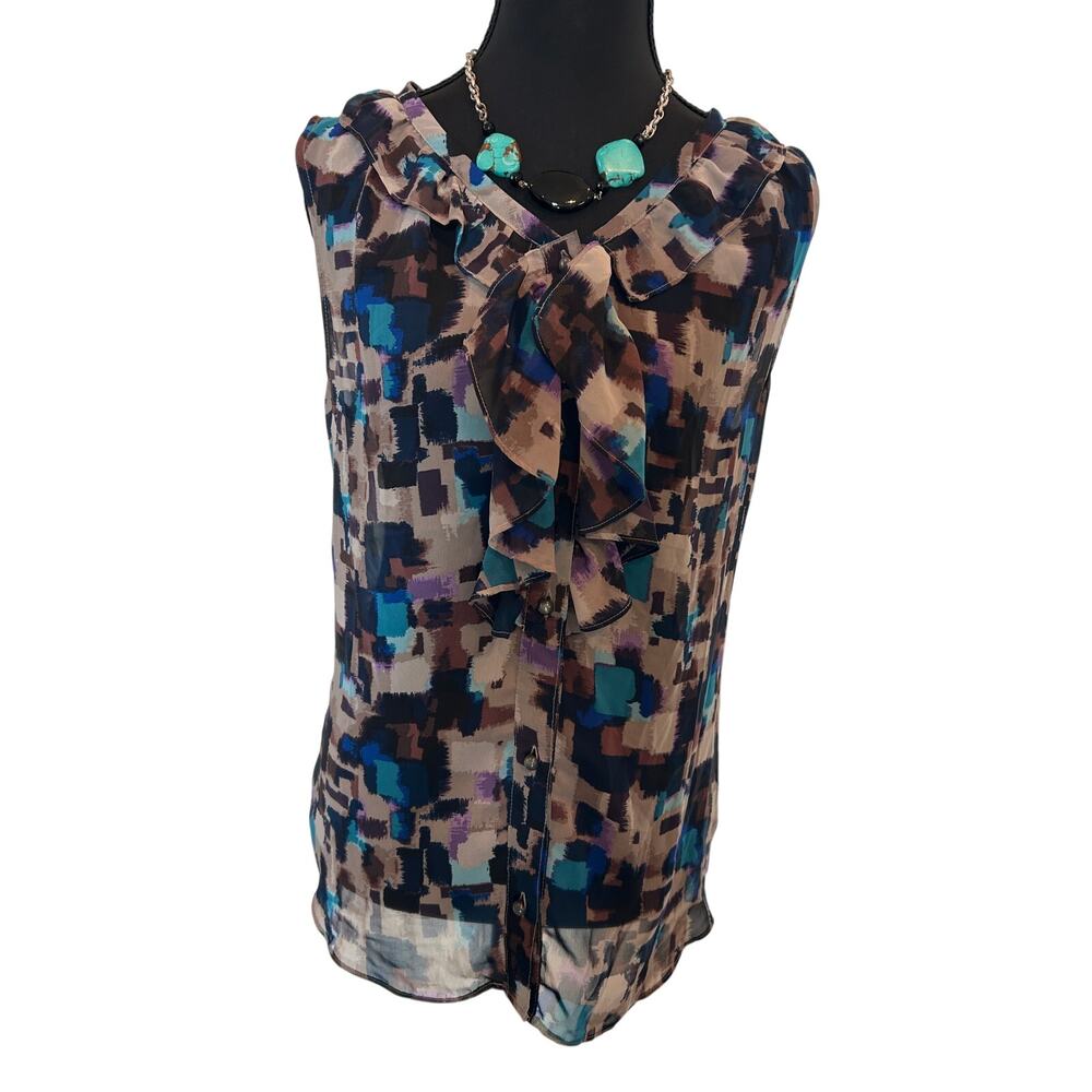 Banana Republic Womens Medium M Sleeveless Ruffle Neck Geometric Top Blouse